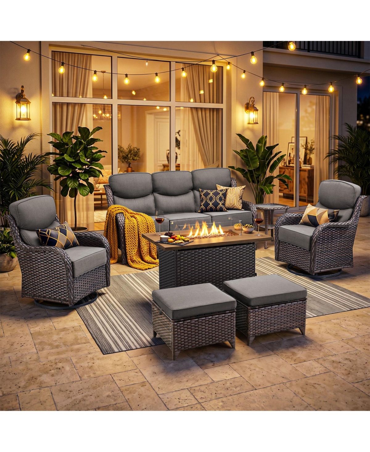 Pocassy 7-Piece Wicker Patio Furniture Set with Fire Pit Table, Swivel Rocking Chairs and 6-Inch Cushions for Outdoor Comfort - Grey brown
