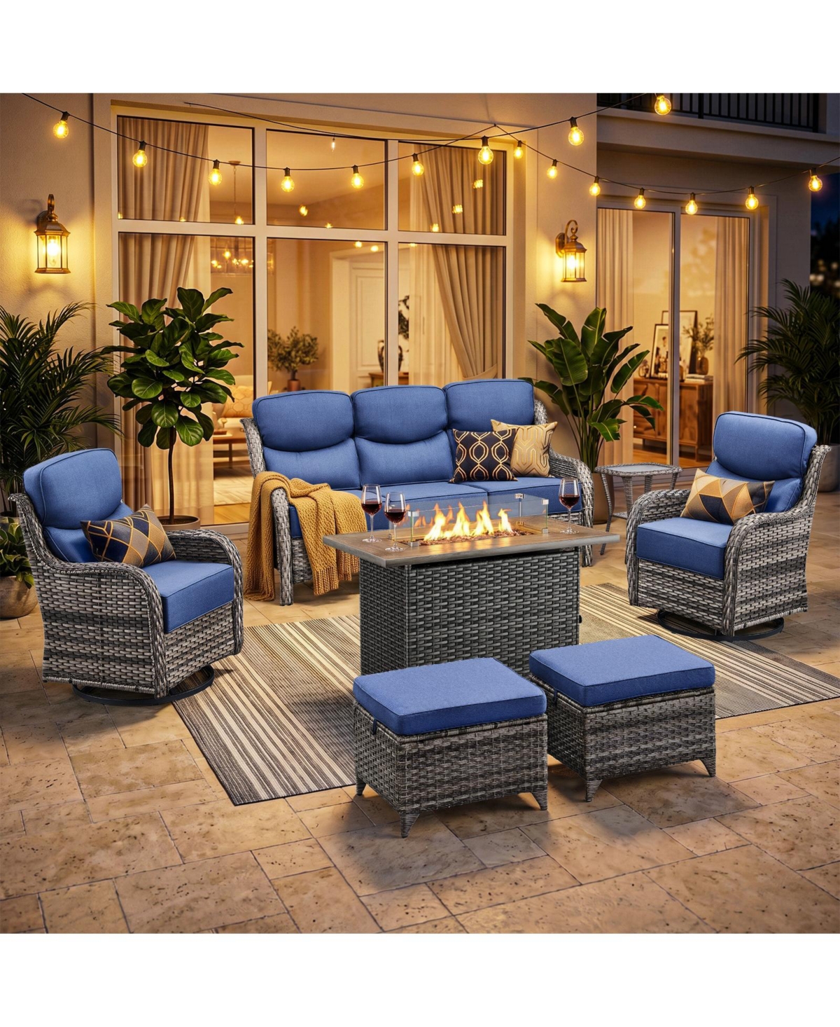 Pocassy 7-Piece Wicker Patio Furniture Set with Fire Pit Table, Swivel Rocking Chairs and 6-Inch Cushions for Outdoor Comfort - Blue grey