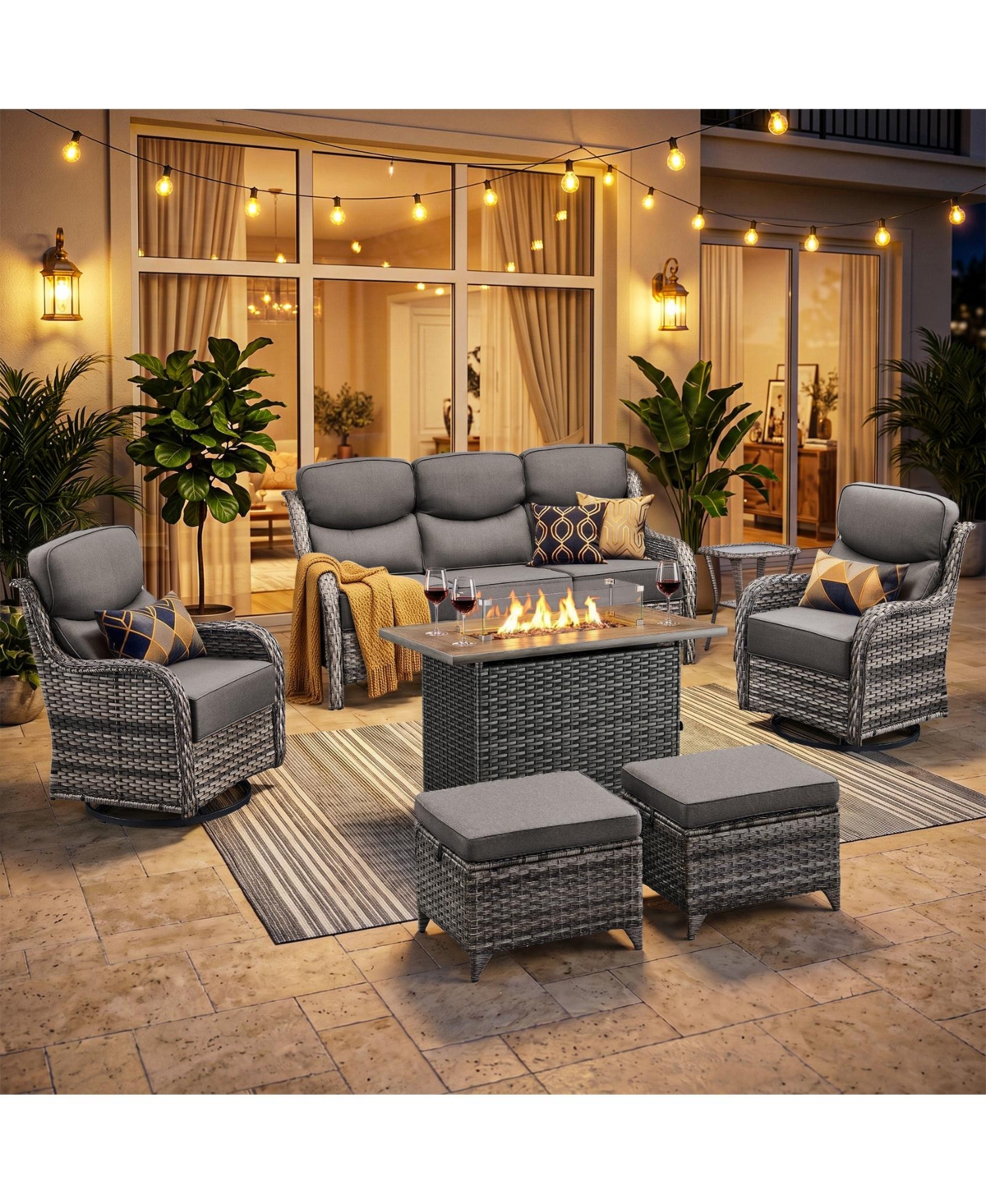 Pocassy 7-Piece Wicker Patio Furniture Set with Fire Pit Table, Swivel Rocking Chairs and 6-Inch Cushions for Outdoor Comfort - Grey grey