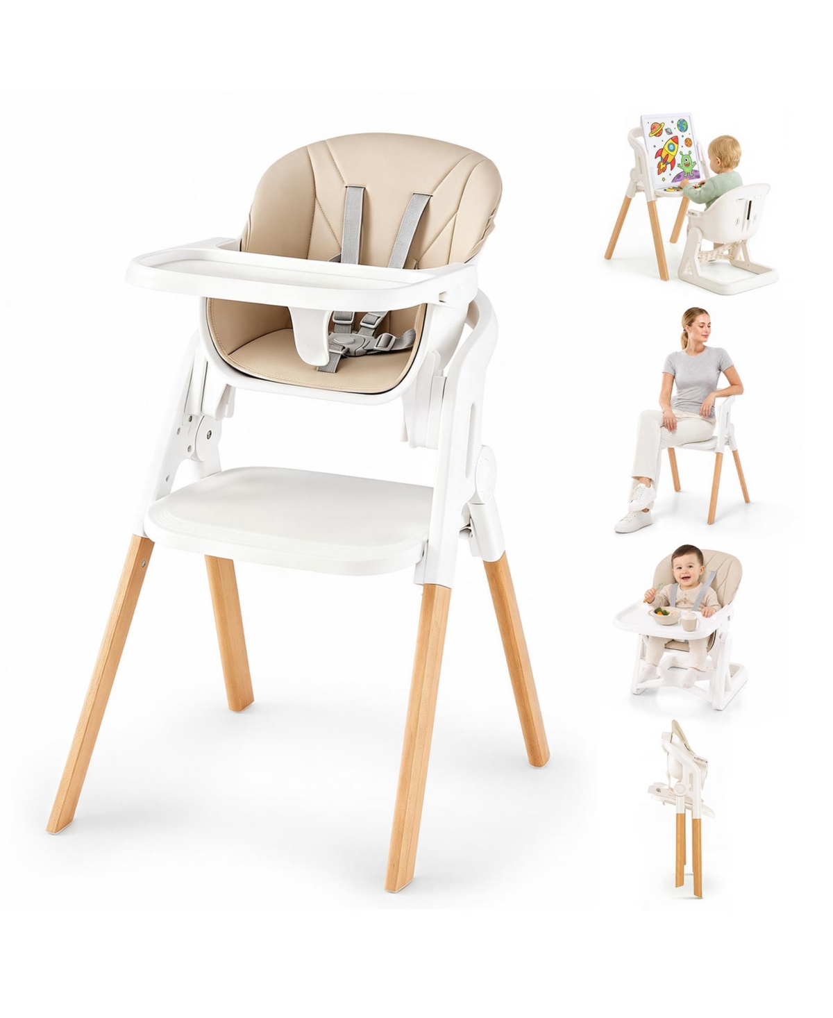 Gymax 7-in-1 Convertible Adjustable Tray and Adjustable Heights High Chair - Beige