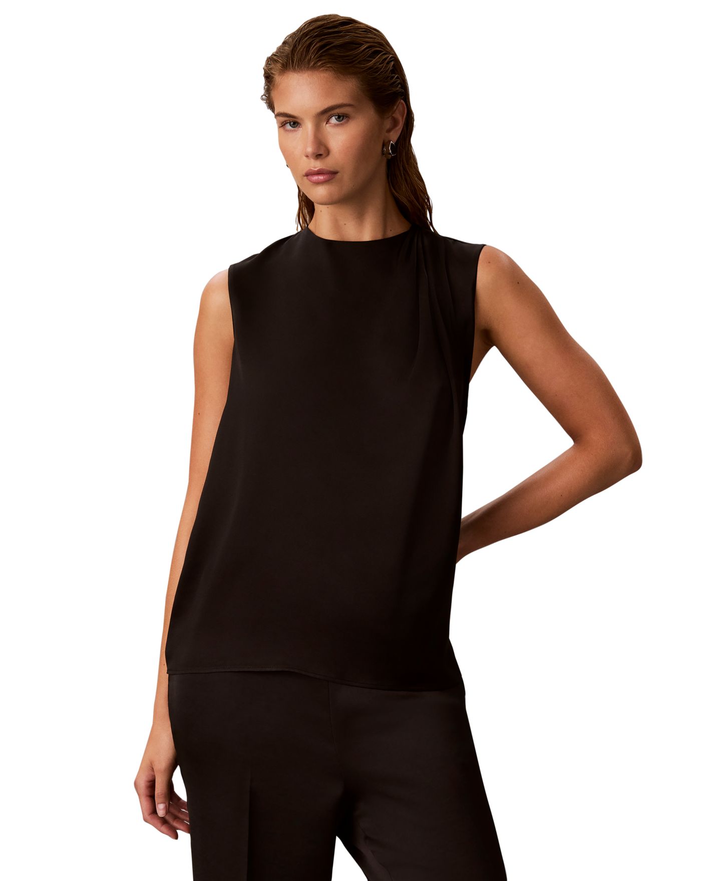 Женский топ Calvin Klein Sleeveless Satin Pleated-Crewneck, цвет: Чёрный — фото 1