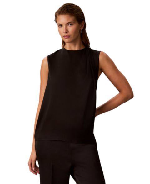 Женский топ Calvin Klein Sleeveless Satin Pleated-Crewneck, цвет: Чёрный