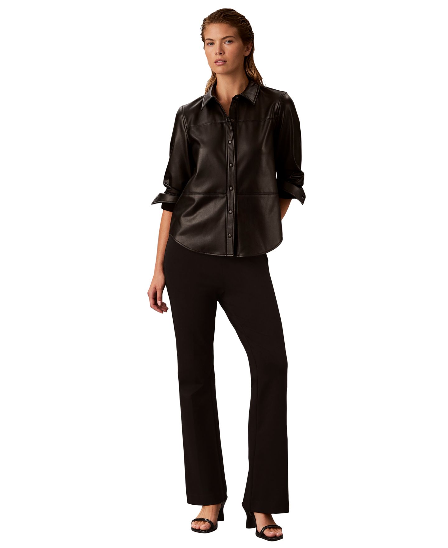 Женская рубашка Calvin Klein Faux Leather Button-Front Long-Sleeve, цвет: Чёрный — фото 2