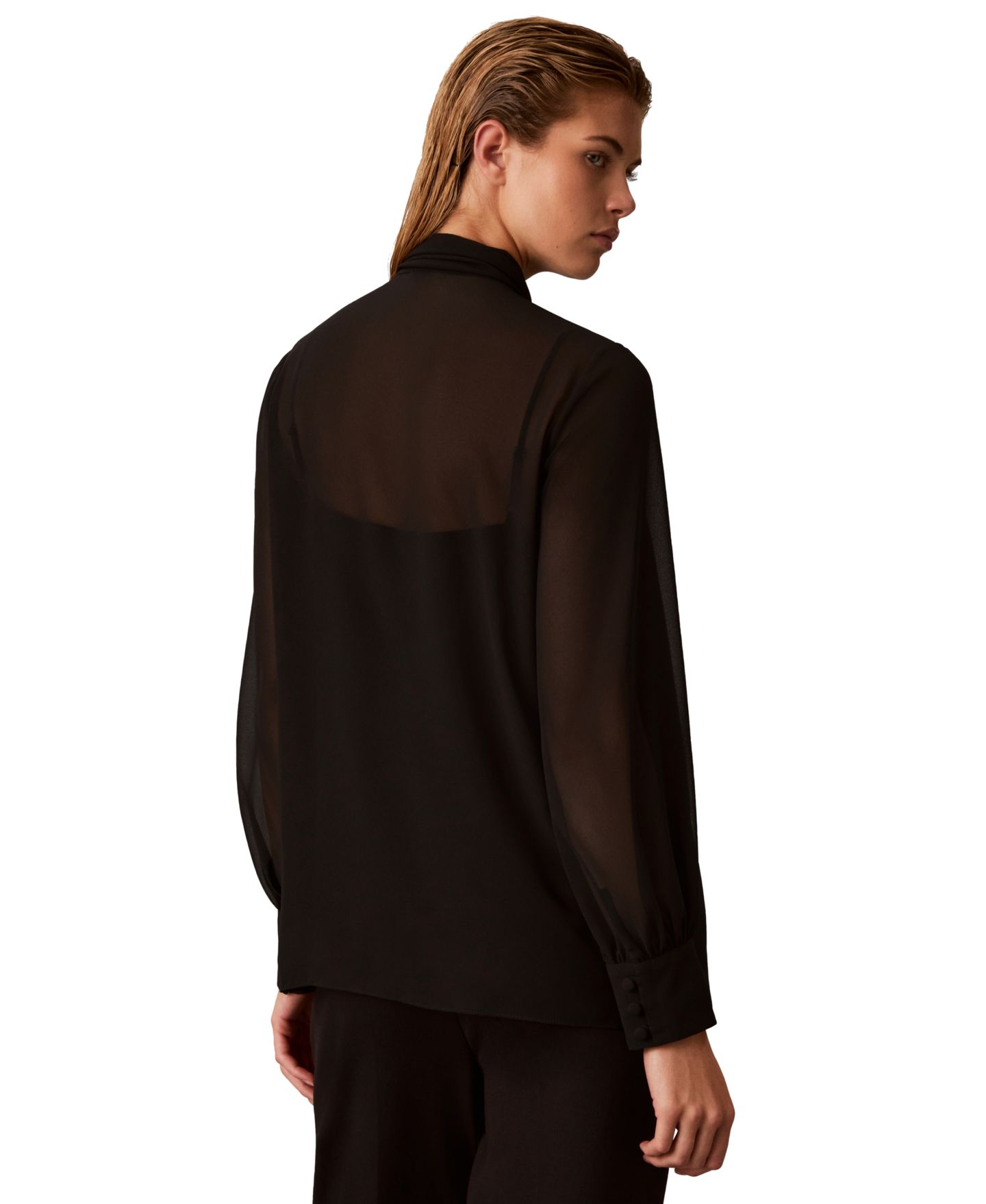 Женская блузка Calvin Klein Long-Sleeve Ruffle Neck Chiffon, цвет: Чёрный — фото 4
