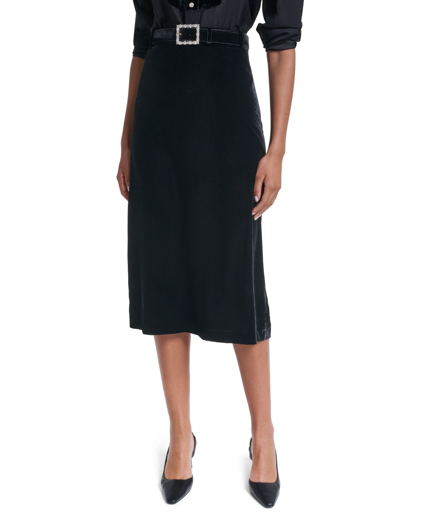 Женская юбка KARL LAGERFELD PARIS High-Waisted Pencil Velvet Midi, цвет: Чёрный — фото 1