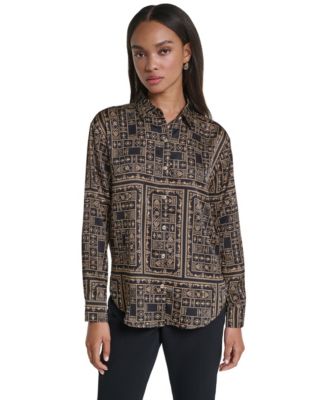 Women's Button Front Long Sleeve Satin Blouse