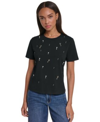 Women's Imitation Pearl-Embellished Short-Sleeve T-Shirt
