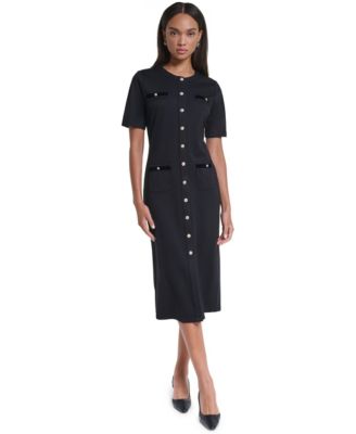Women's Button-Front Knit Midi Crewneck Short-Sleeve Dress