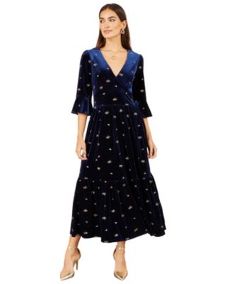 Women's Velvet Embroidered V-Neck Midi Dress