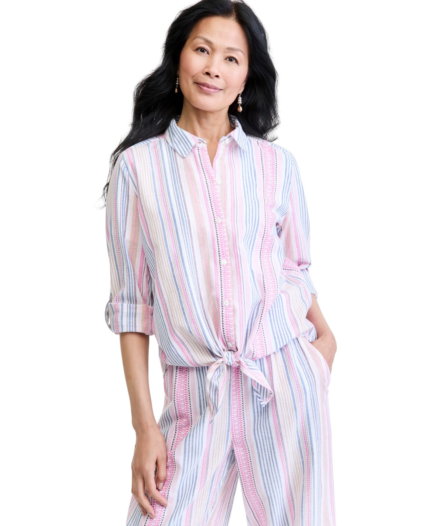 Женская рубашка Style & Co Striped Long-Sleeve Tie Front, цвет: Яркий белый — фото 1