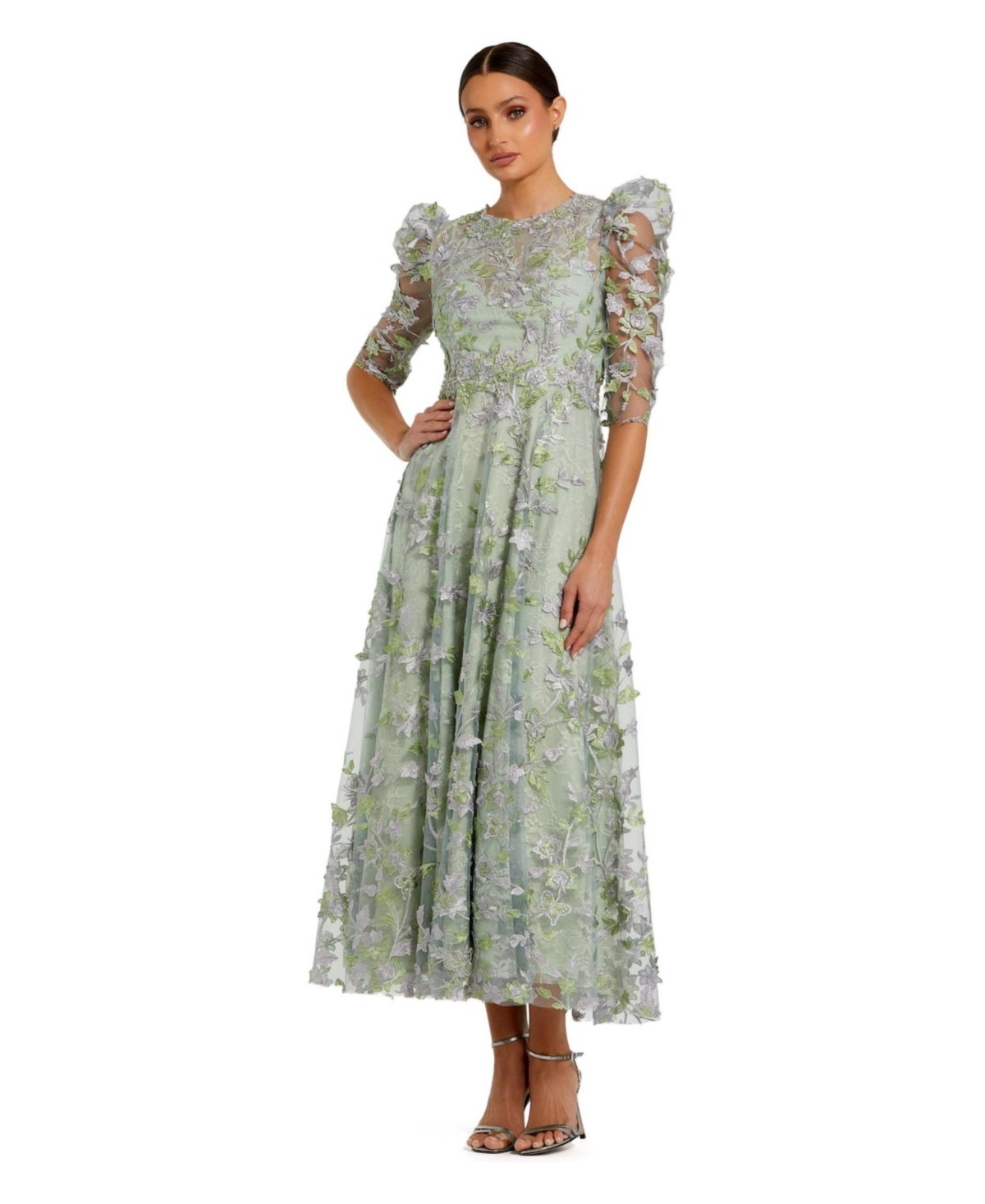 Mac Duggal - Green Applique High Neck Puff Sleeve A Line Dress - US 14