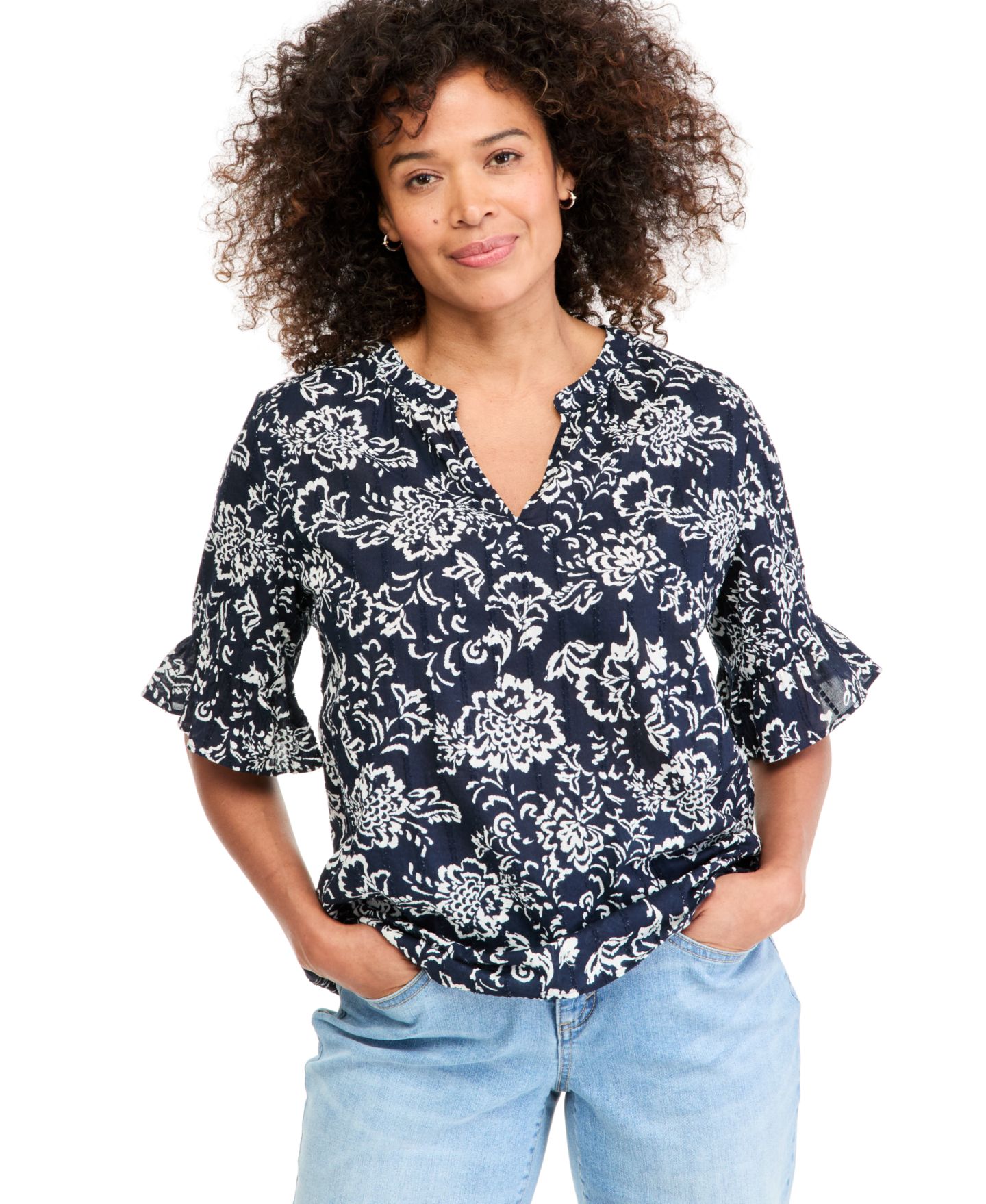 Женский топ Style & Co Printed Ruffle Sleeve, цвет: Синий — фото 1