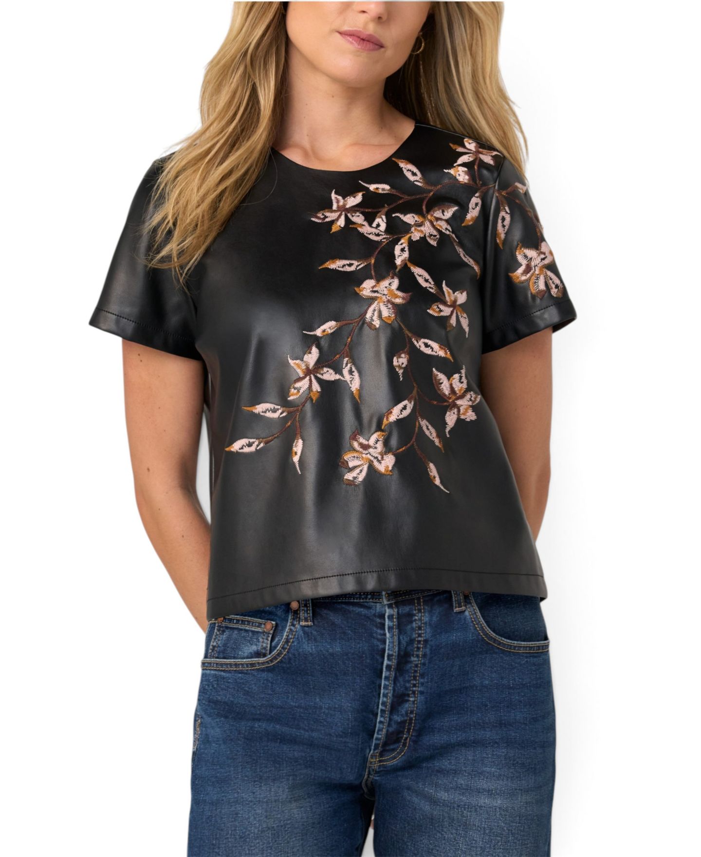 Женская футболка Liverpool Los Angeles Floral-Embroidered Short-Sleeve Faux Leather, цвет: Чёрный — фото 1