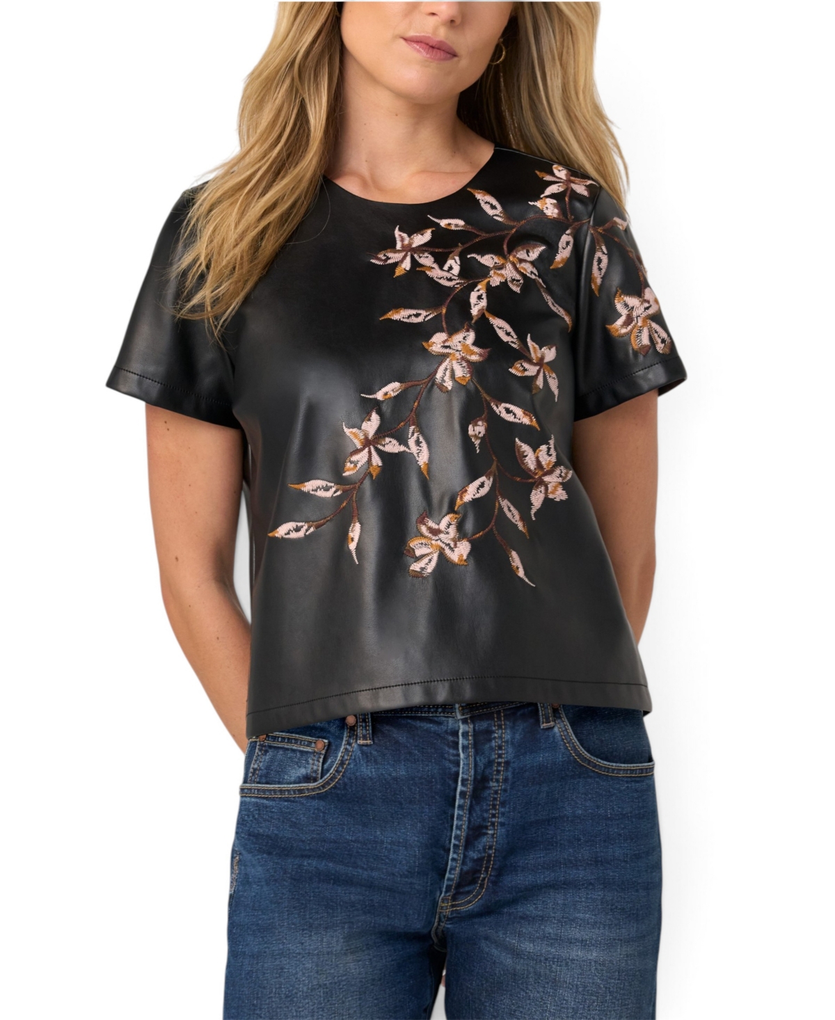 Liverpool Los Angeles Women's Floral-Embroidered Short-Sleeve Faux Leather Tee