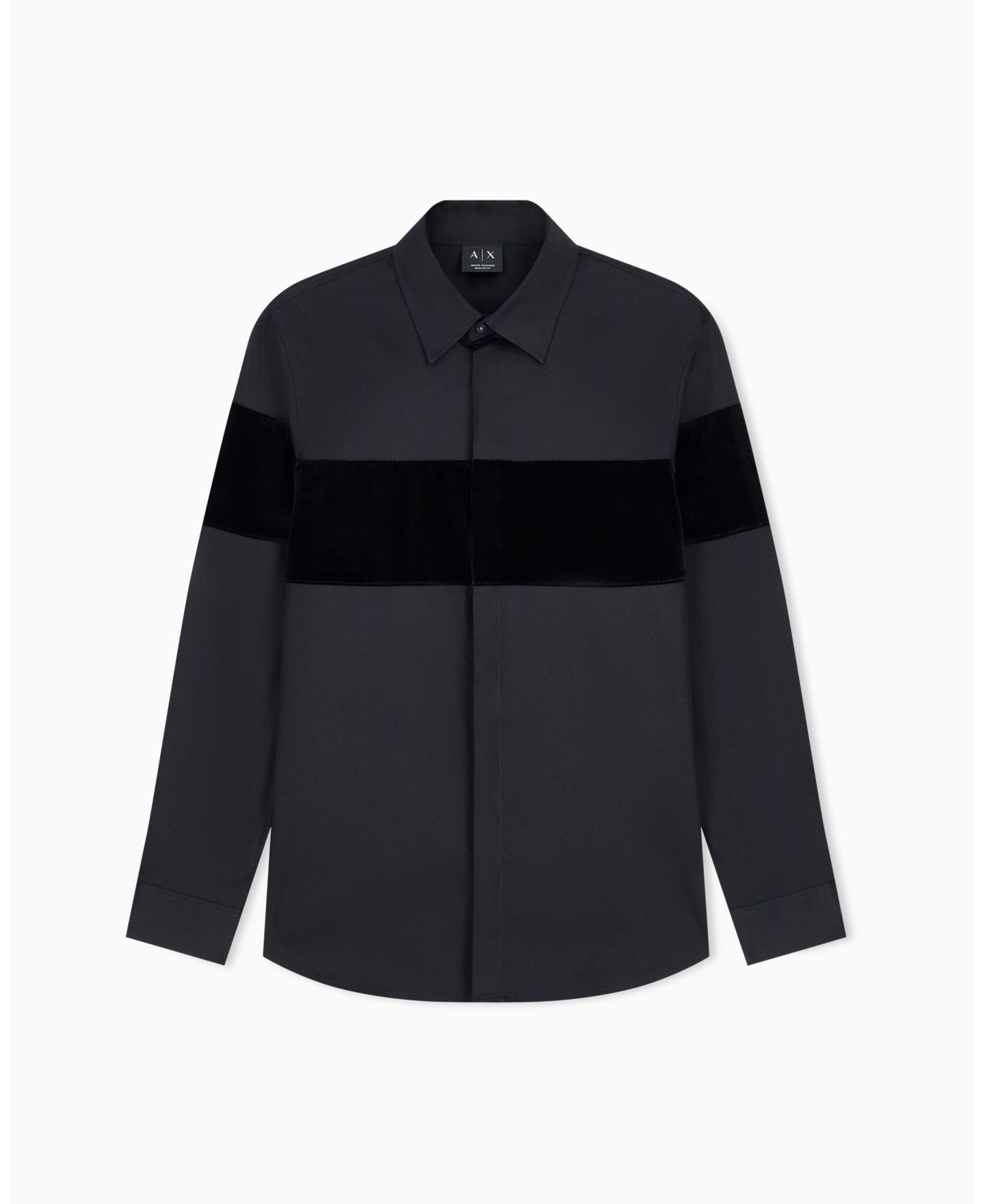 Мужская рубашка A|X Armani Exchange Stretch Colorblock Velvet-Detailed Long-Sleeve Button-Down, цвет: Чёрный — фото 2