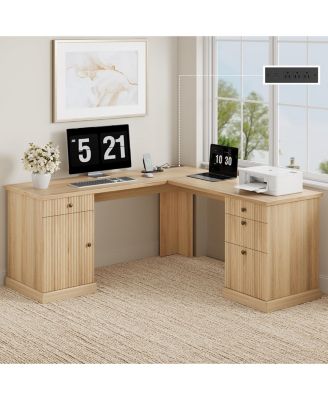 60" L-Shaped Home Office Desk with Storage Drawers File Cabinet and Charging Hub for Study Workstation