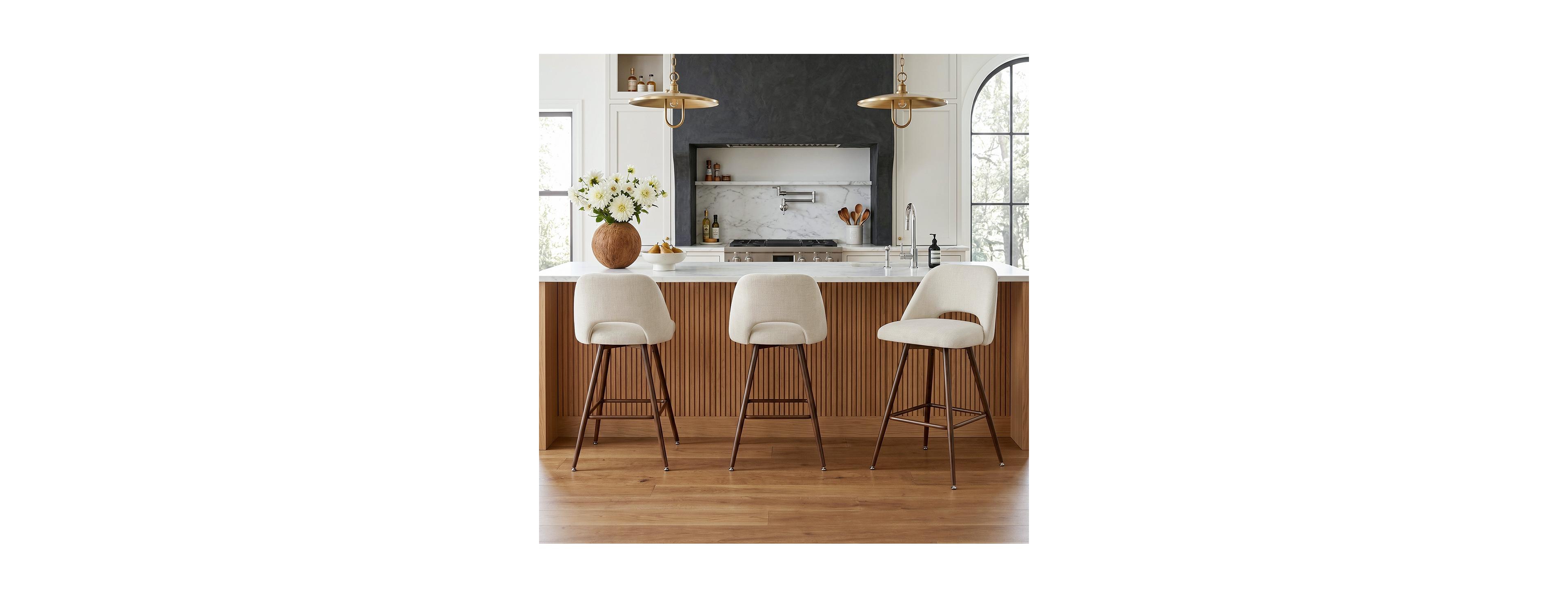 Maison Boucle Counter-Height Swivel Bar Stools Set of 3, Upholstered Seating, Curved Low Back, Footrest