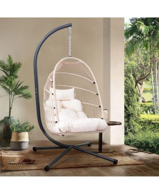 Foldable Hanging Egg Chair with Stand, HDPE Wicker Chair with Pillow and Cushion, 350LBS Capacity for Patio Garden Indoor Outdoor Relaxation