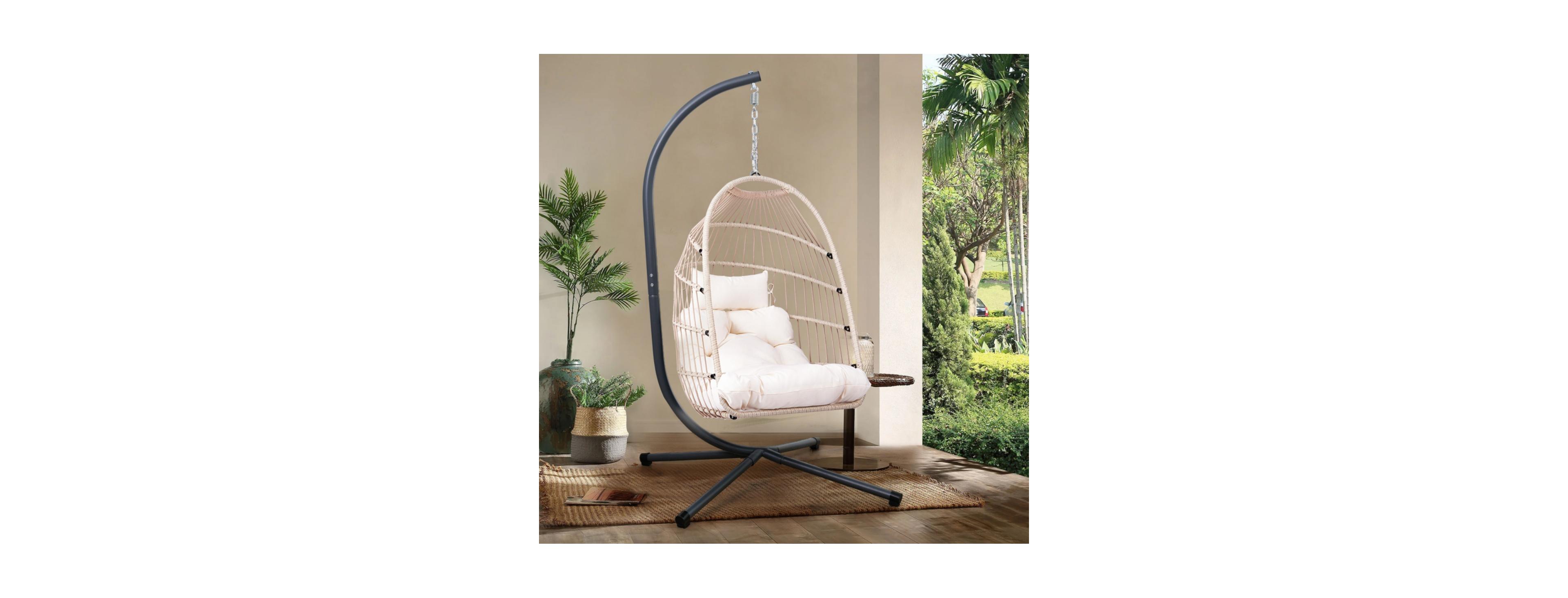 ECHTPeak Foldable Hanging Egg Chair with Stand, Hdpe Wicker Chair with Pillow and Cushion, 350LBS Capacity for Patio Garden Indoor Outdoor Relaxation