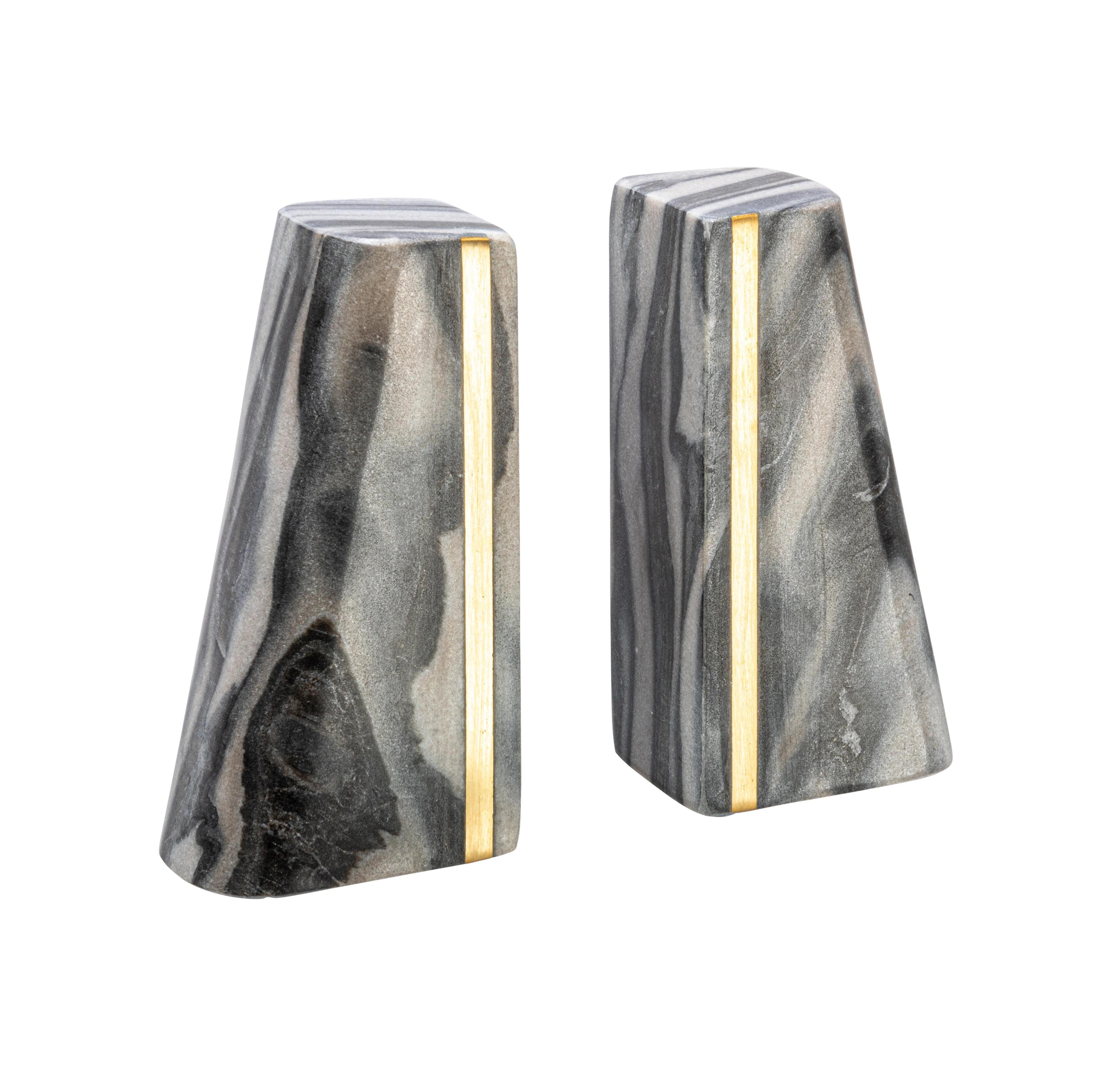 Storied Home Geometric Marble Bookends with Brass Inlay