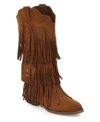 Women's Saloon Western Suede Scalloped-Topline Tiered-Fringe Boots