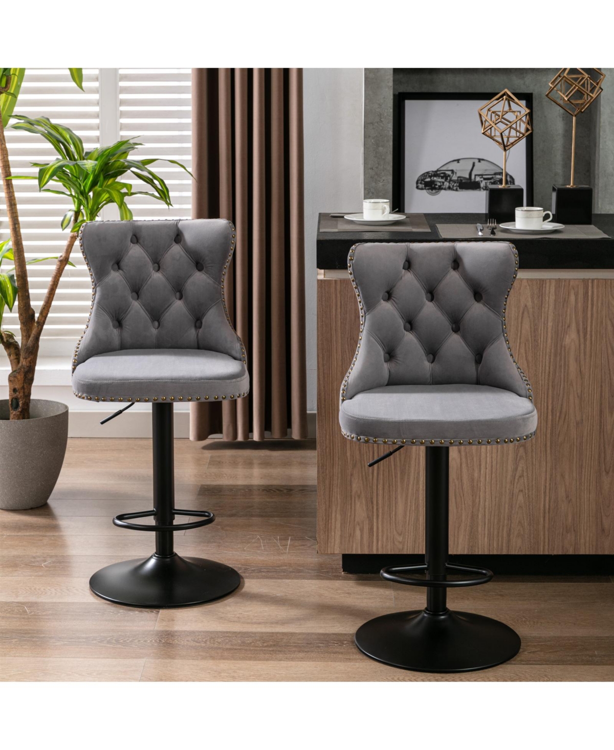 Clihome Set of 2 Swivel Velvet Bar Stools Adjustable Seat Height, Upholstered Chrome Base Bar Stools - Grey