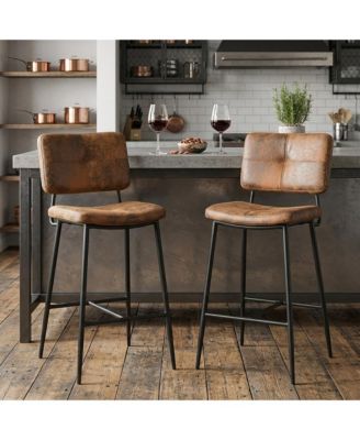 Set of Two 27 Suede And Steel Counter Height Bar Chairs