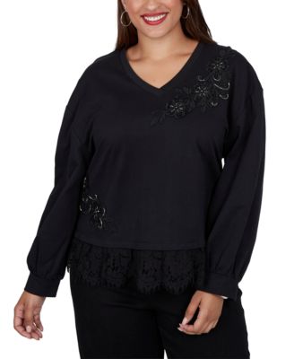 Plus Size V-Neck Long-Sleeve Lace-Trim Pullover