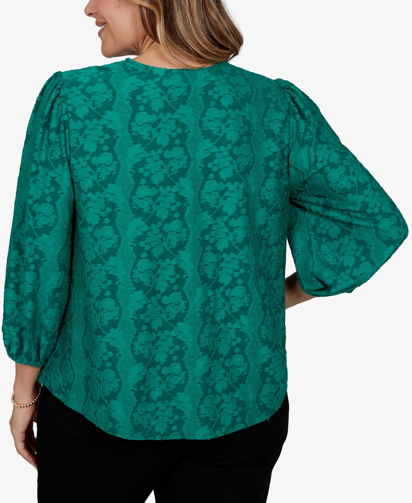 Женская блузка Ruby Rd. Plus Size Knit Floral Clip 3/4-Sleeve V-Neck, цвет: Вечнозелёный — фото 5
