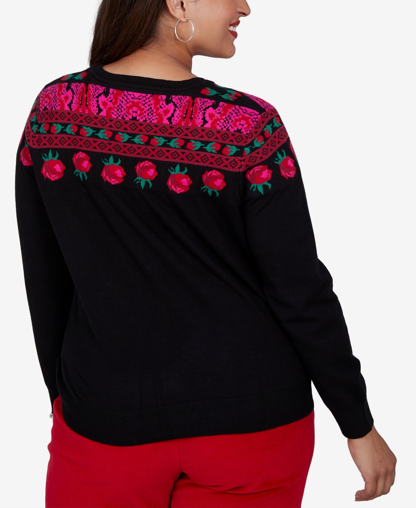 Женский свитер Ruby Rd. Plus Size Rose Fair-Isle Long-Sleeve Pullover, цвет: Чёрный — фото 5