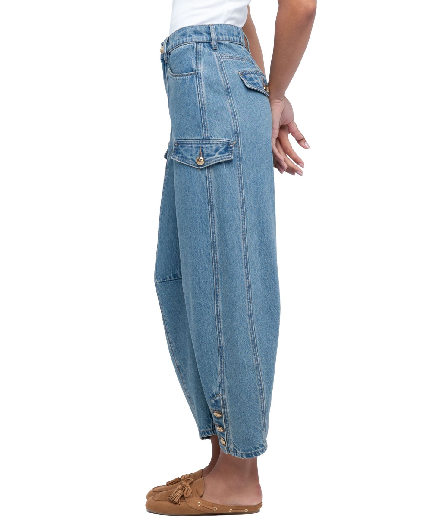 Женские джинсы Blank NYC Silent March High-Waisted Cargo Barrel-Leg, цвет: Средний индиго — фото 3