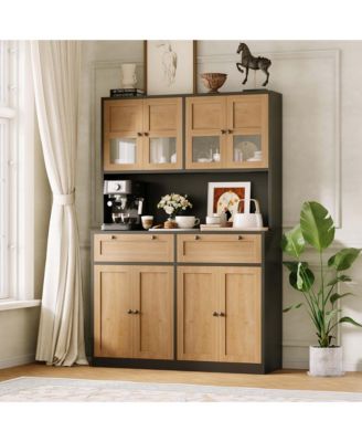 Tall Kitchen Pantry Cabinet 71 Inch High Storage Hutch with Charging Station Microwave Stand Drawers for Kitchen Dining Room