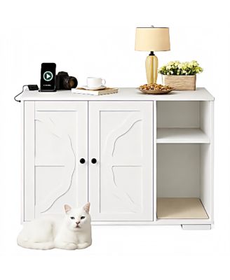 Cat Litter Box Enclosure,Cat House, Fits Self-Cleaning Litter Box, Dog Proof Cat Cabinet With Side Outlet And 5 Ft Cord, Cross Frame Design