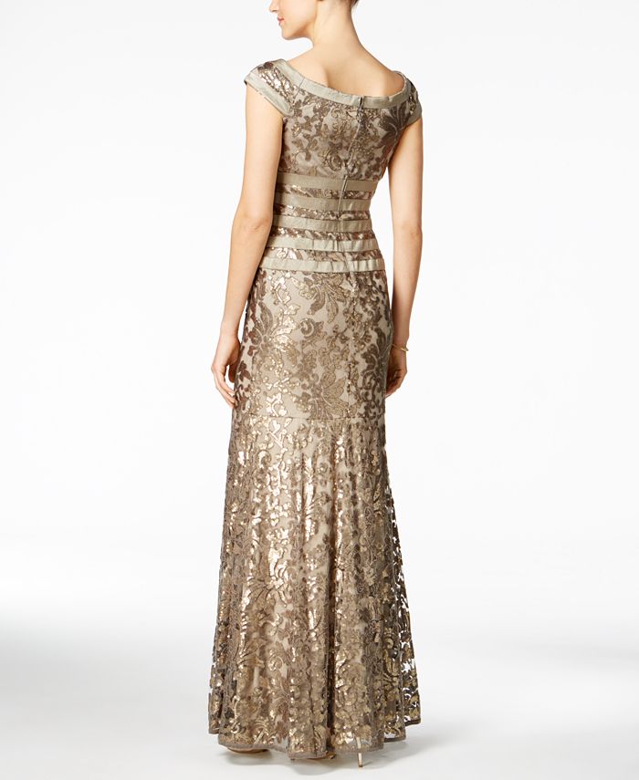 Tadashi Shoji Sequined Embroidered Cap-Sleeve Gown - Macy's