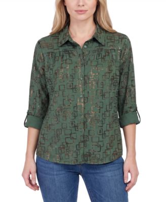 Petite 3/4-Sleeve Roll-Tab Button-Up Top
