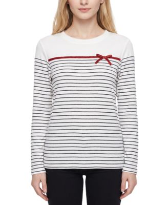 Petite Long-Sleeve Crewneck Metallic Ribbon Bow T-Shirt
