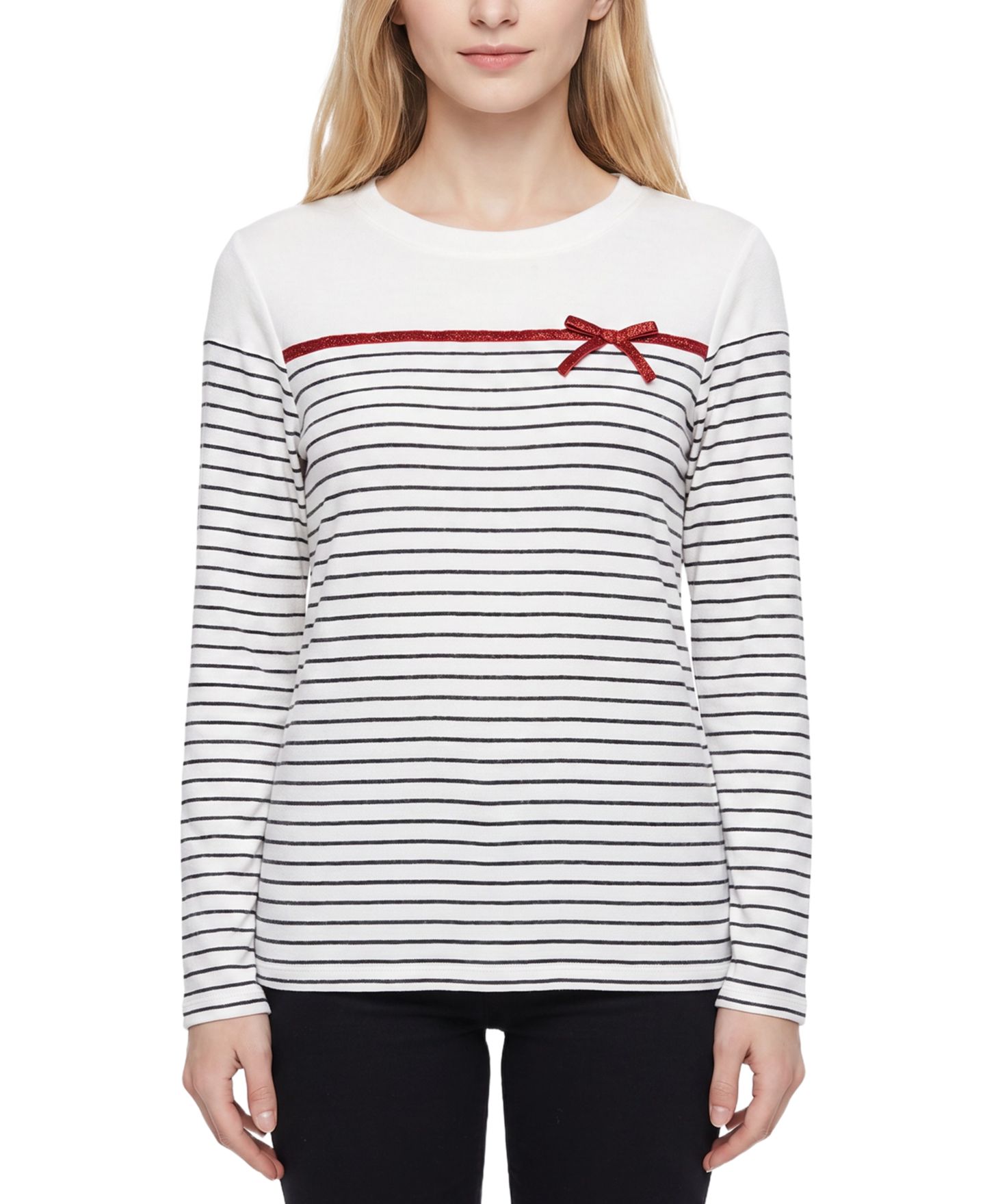 Женская футболка NY Collection Petite Long-Sleeve Crewneck Metallic Ribbon Bow, цвет: Слоновая кость чёрный полосатый — фото 1