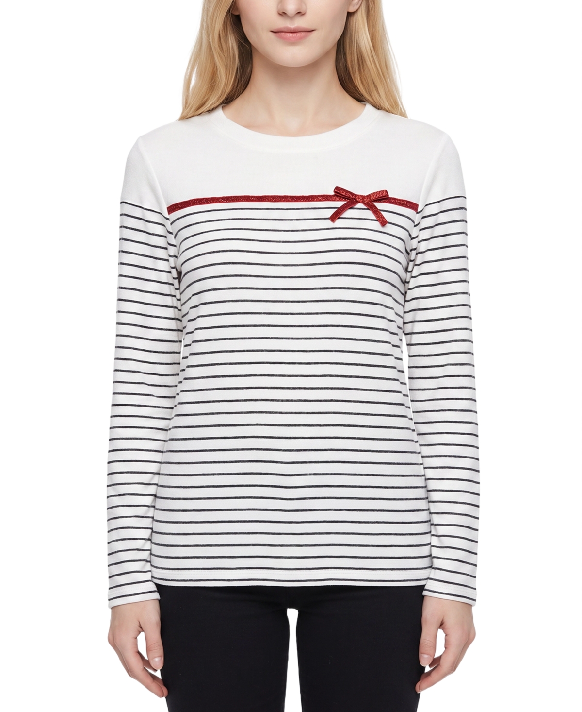 Ny Collection Petite Long-Sleeve Crewneck Metallic Ribbon Bow T-Shirt