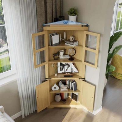 Corner Storage Cabinet 67 Inch Tall 5-Tier with LED Lights Glass Doors Adjustable Shelves Wood Organizer for Kitchen Living Room