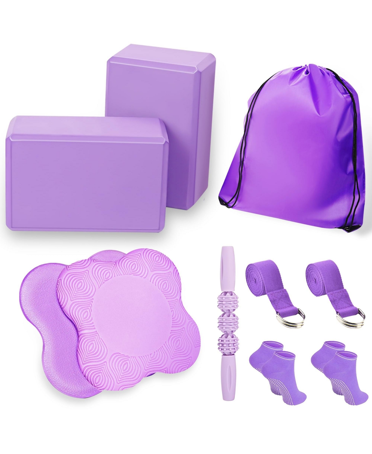 Sportneer Yoga Pilates Exercise Set Blocks Knee Pads Straps Massage Roller Socks Gym Bag - Purple l