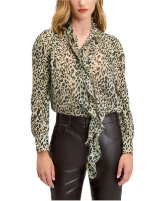 Women's Sheer Leopard-Print Tie-Neck Blouse