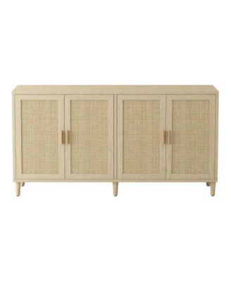 70 Inch Rattan 4-Door Sideboard Adjustable Shelf Storage Cabinet with Solid Wood Legs Easy Assembly