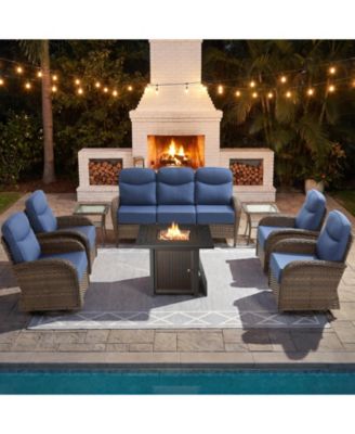 8-Piece High Back Wicker Patio Furniture Set with 30" Fire Pit Table, 360degree(s) Swivel Rocker Chairs and 6-Inch Cushions