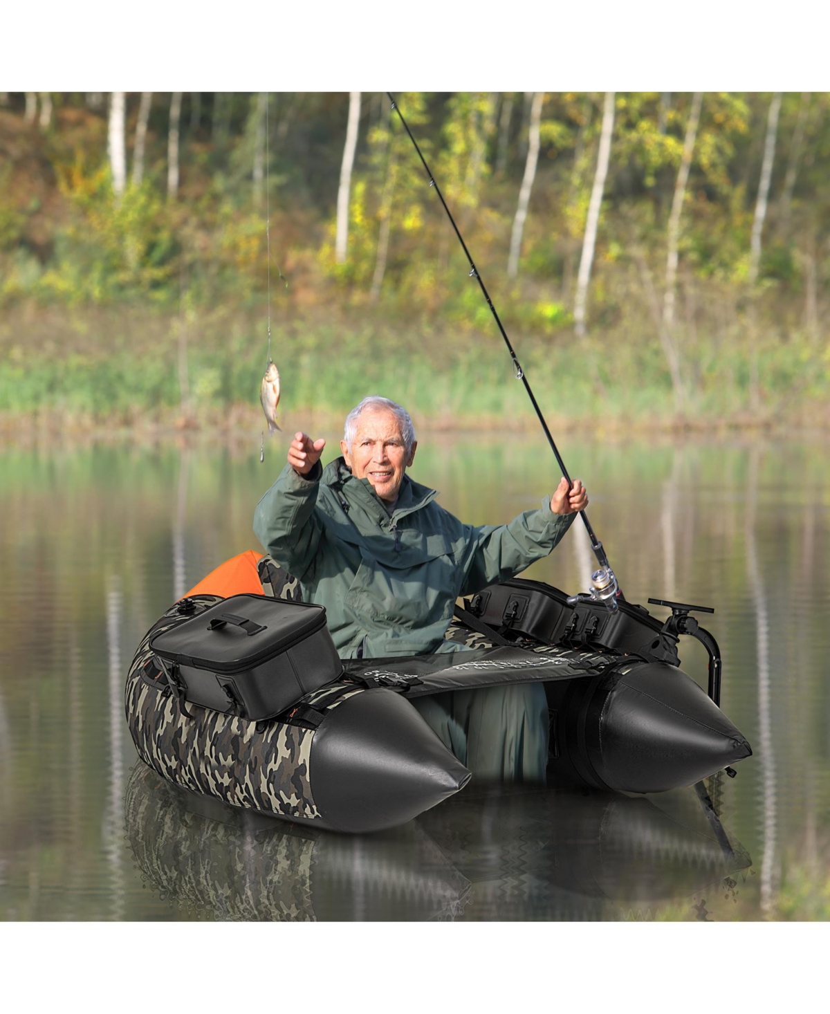 Zeny Portable Inflatable Fishing Boat, 360 degrees Rotatable Fish Finder Mount, Rod Holders & 3 Storage Boxes - Camouflage