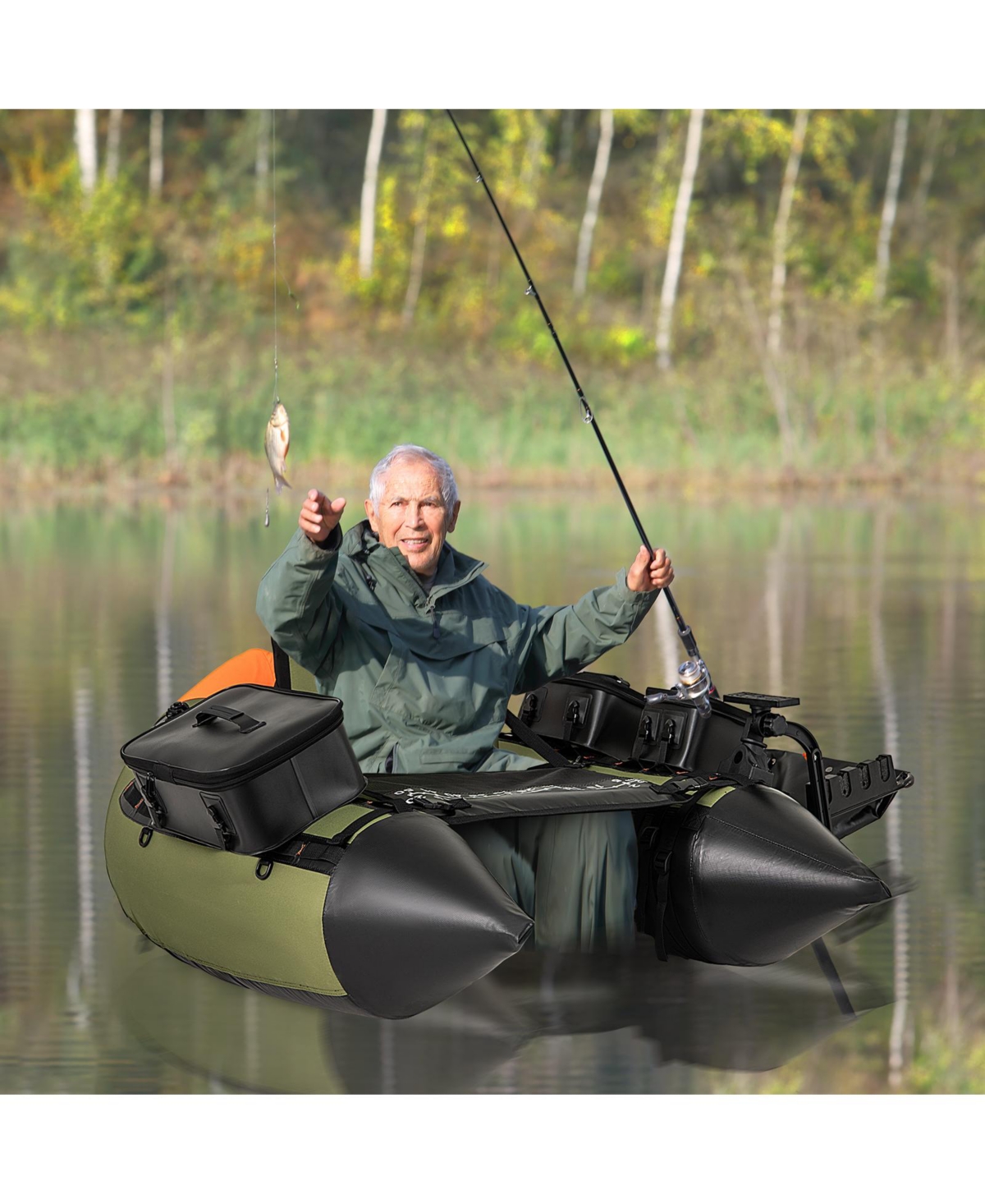 Zeny Portable Inflatable Fishing Boat, 360 degrees Rotatable Fish Finder Mount, Rod Holders & 3 Storage Boxes - Green
