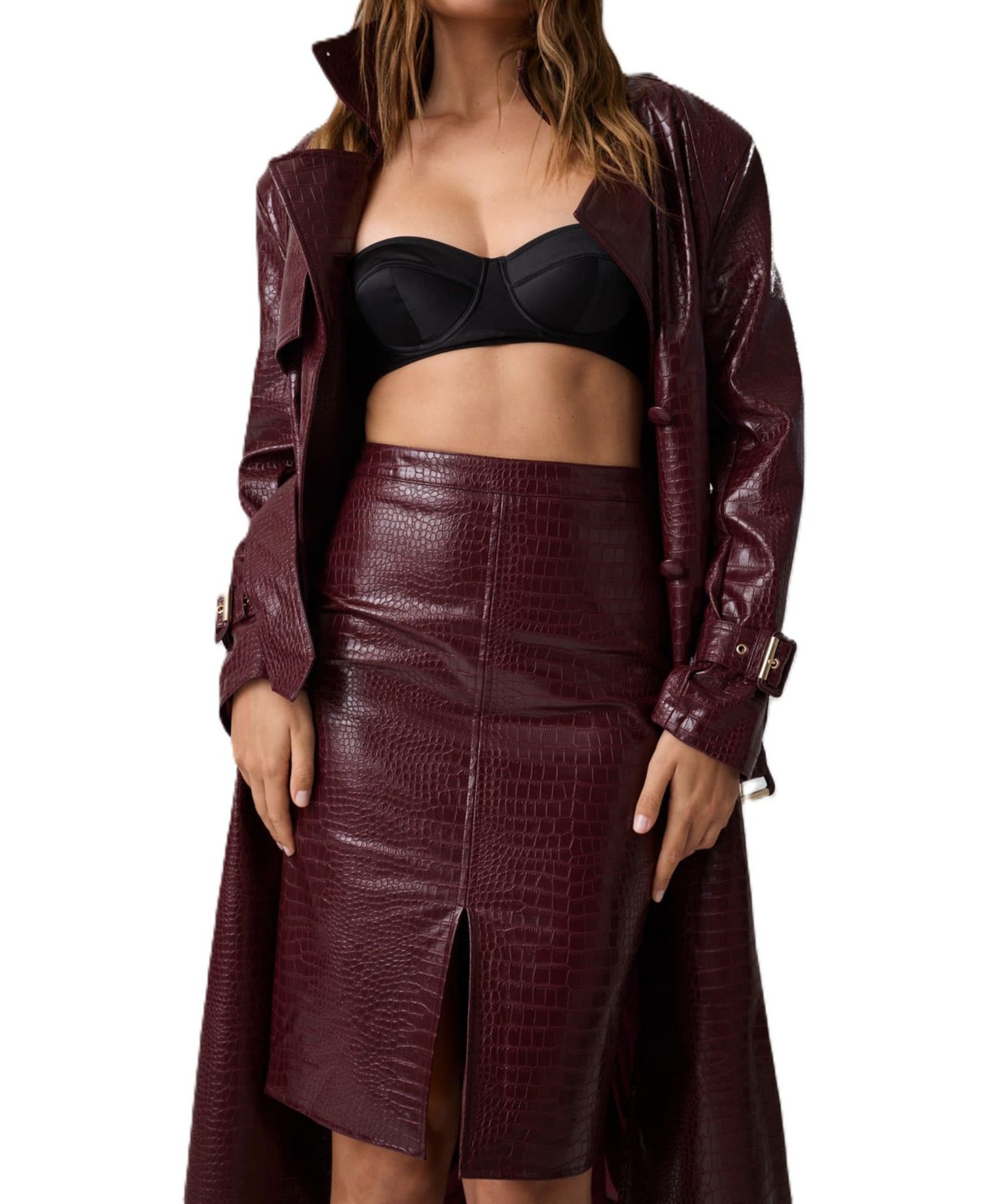 Женская юбка GUESS Faux Leather Pencil Midi Skirt with Front Slit, цвет: Красный — фото 1