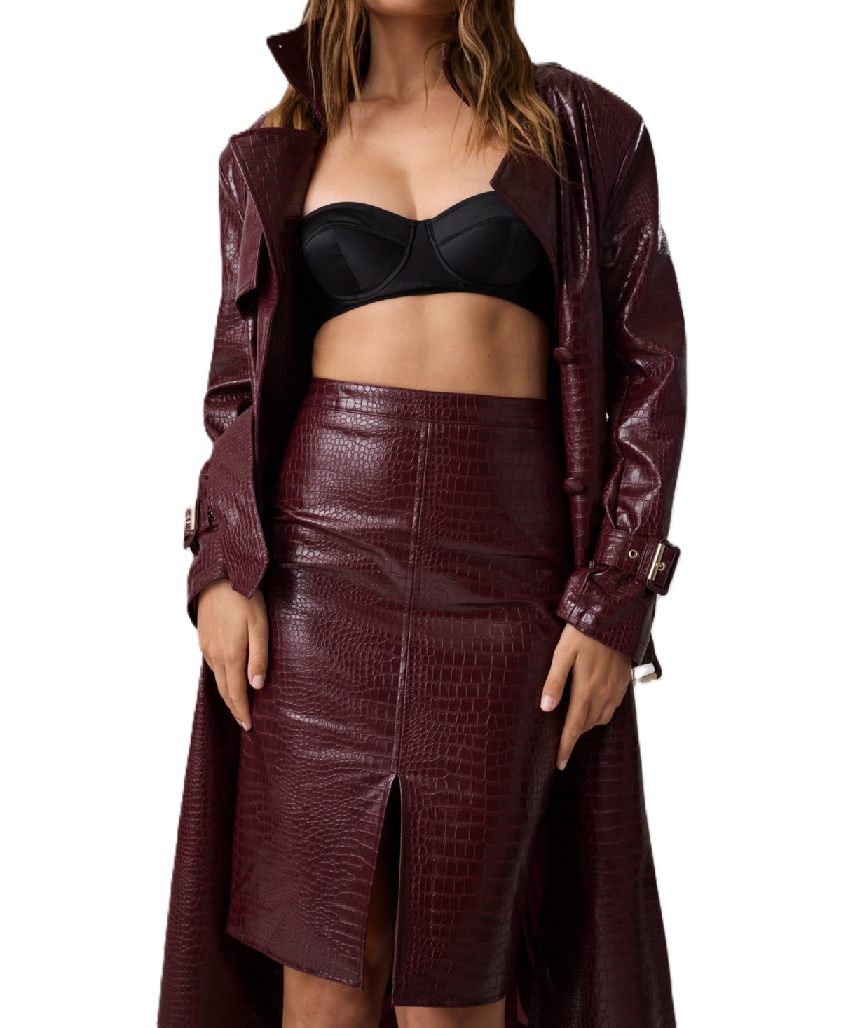 Guess Women's Faux Leather Pencil Midi Skirt with Front Slit