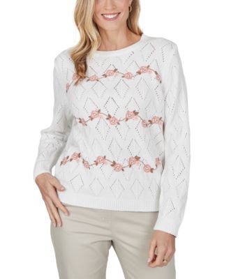 Petite Cable-Knit Floral-Embroidered Lightweight Sweater