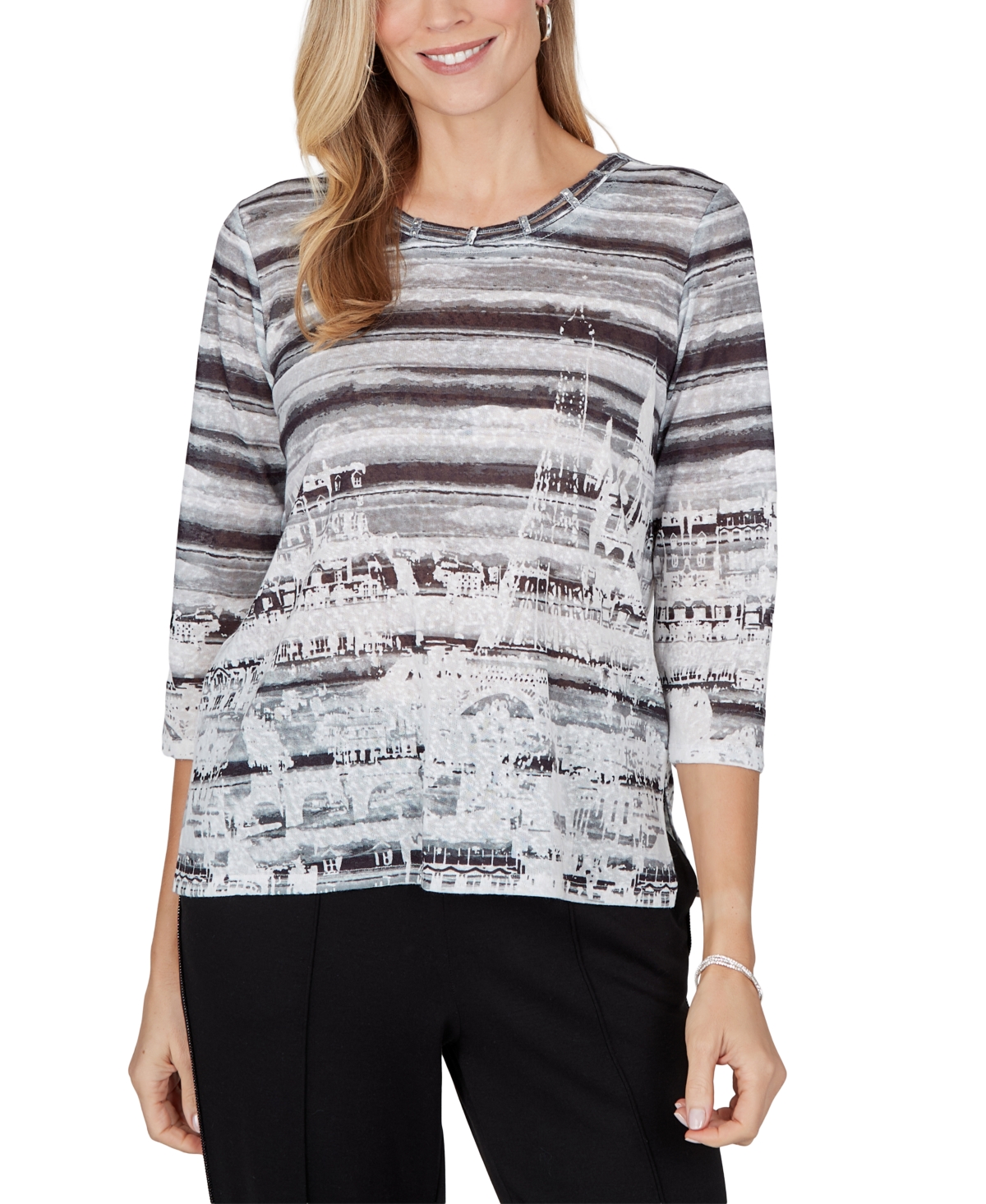 Alfred Dunner Petite 3/4-sleeve Crewneck Side-slit Blouse In Grey,black
