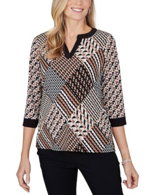 Petite 3/4-Sleeve Geometric-Print V-Neck Blouse